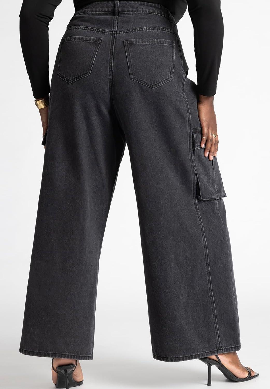 imageELOQUII Womens Plus Size Wide Leg Cargo JeanBlack Wash
