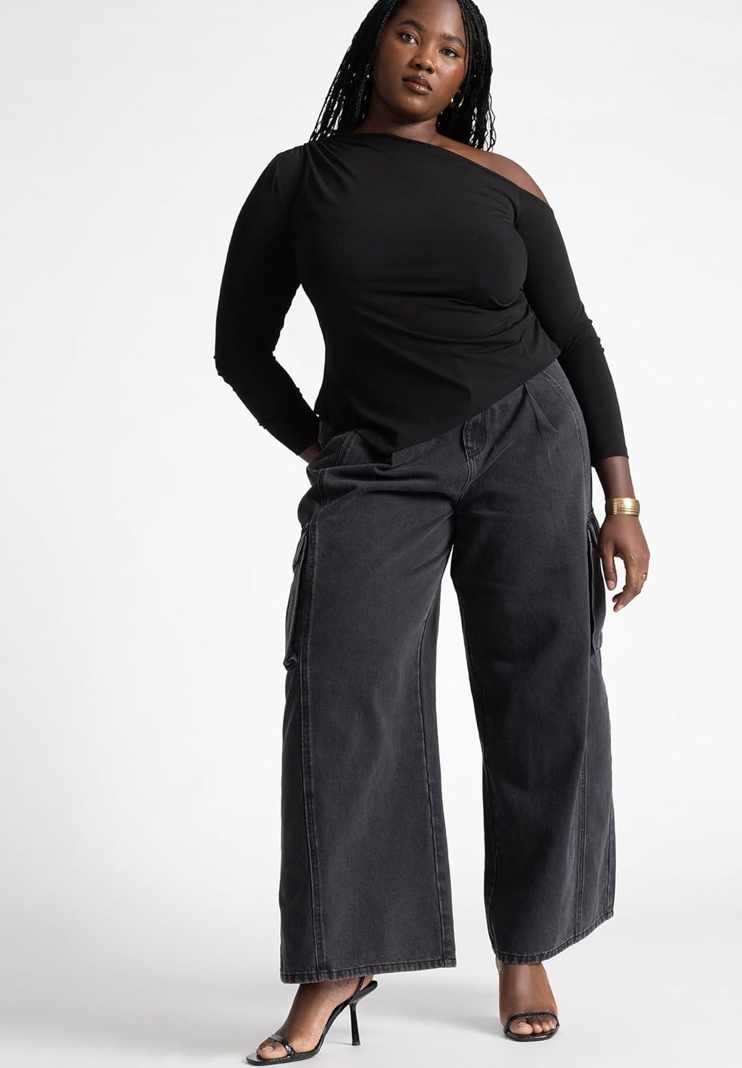 imageELOQUII Womens Plus Size Wide Leg Cargo JeanBlack Wash