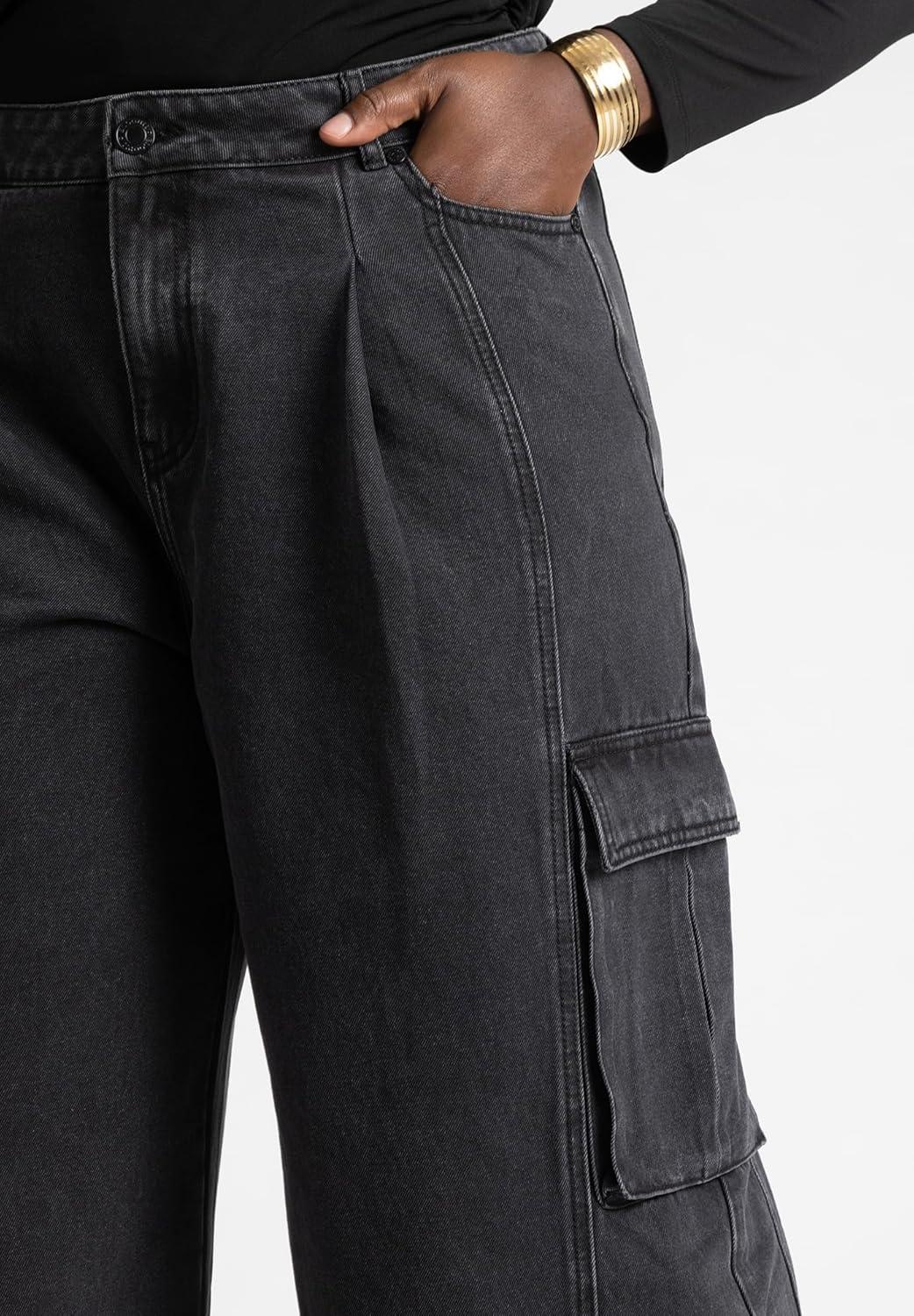 imageELOQUII Womens Plus Size Wide Leg Cargo JeanBlack Wash