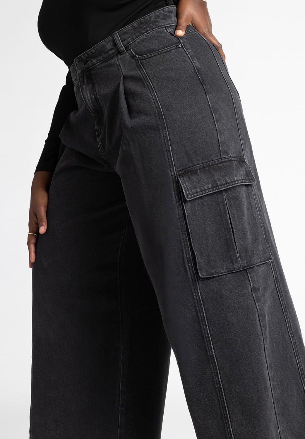 imageELOQUII Womens Plus Size Wide Leg Cargo JeanBlack Wash