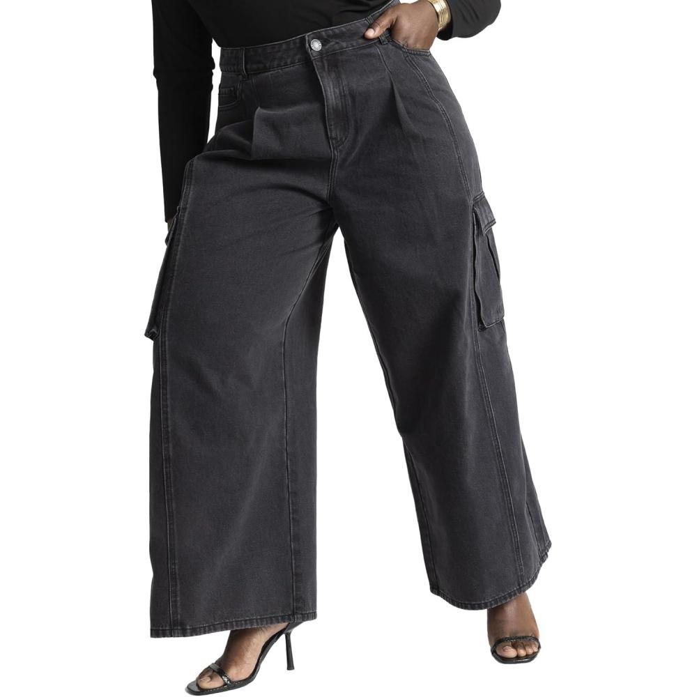 imageELOQUII Womens Plus Size Wide Leg Cargo JeanBlack Wash