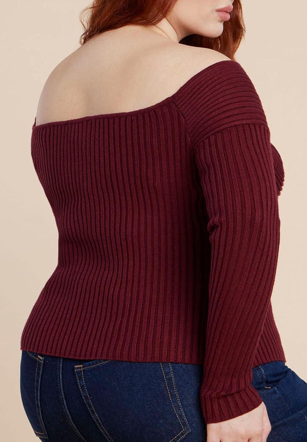 imageELOQUII Womens Plus Size BustStitch Off The Shoulder SweaterTawny Port