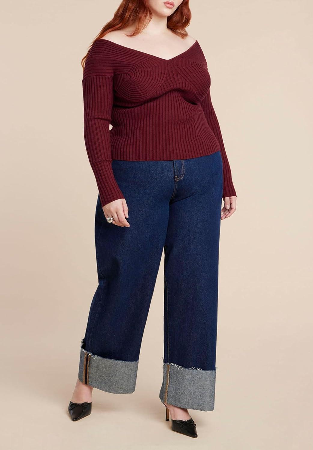 imageELOQUII Womens Plus Size BustStitch Off The Shoulder SweaterTawny Port