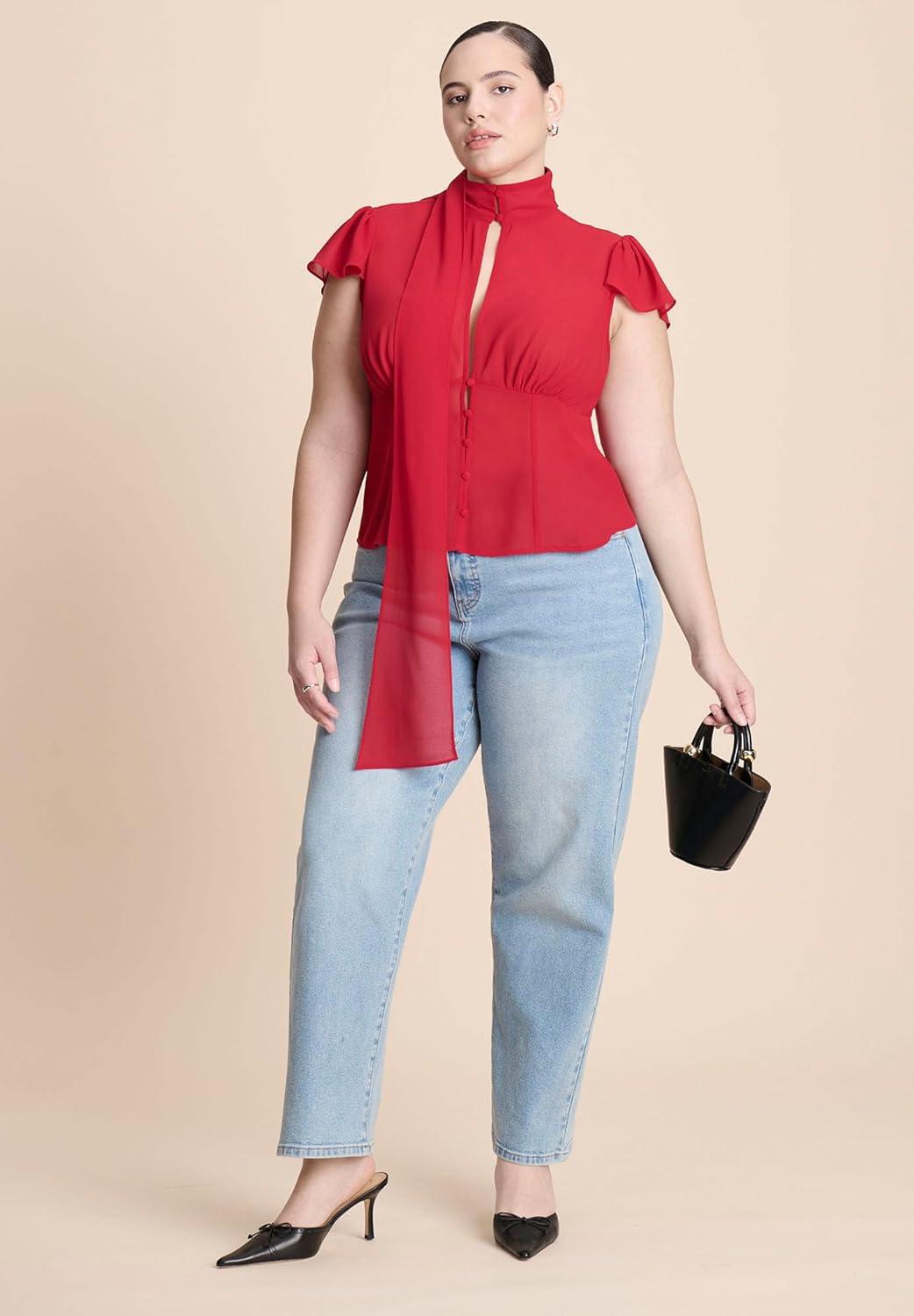 imageELOQUII Womens Plus Size Flutter Sleeve Top with NecktieCrimson