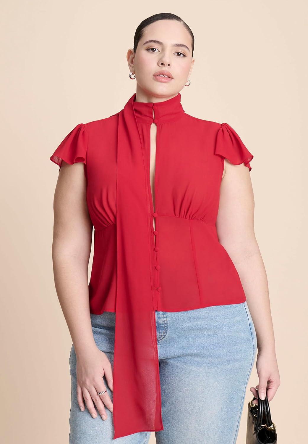 imageELOQUII Womens Plus Size Flutter Sleeve Top with NecktieCrimson