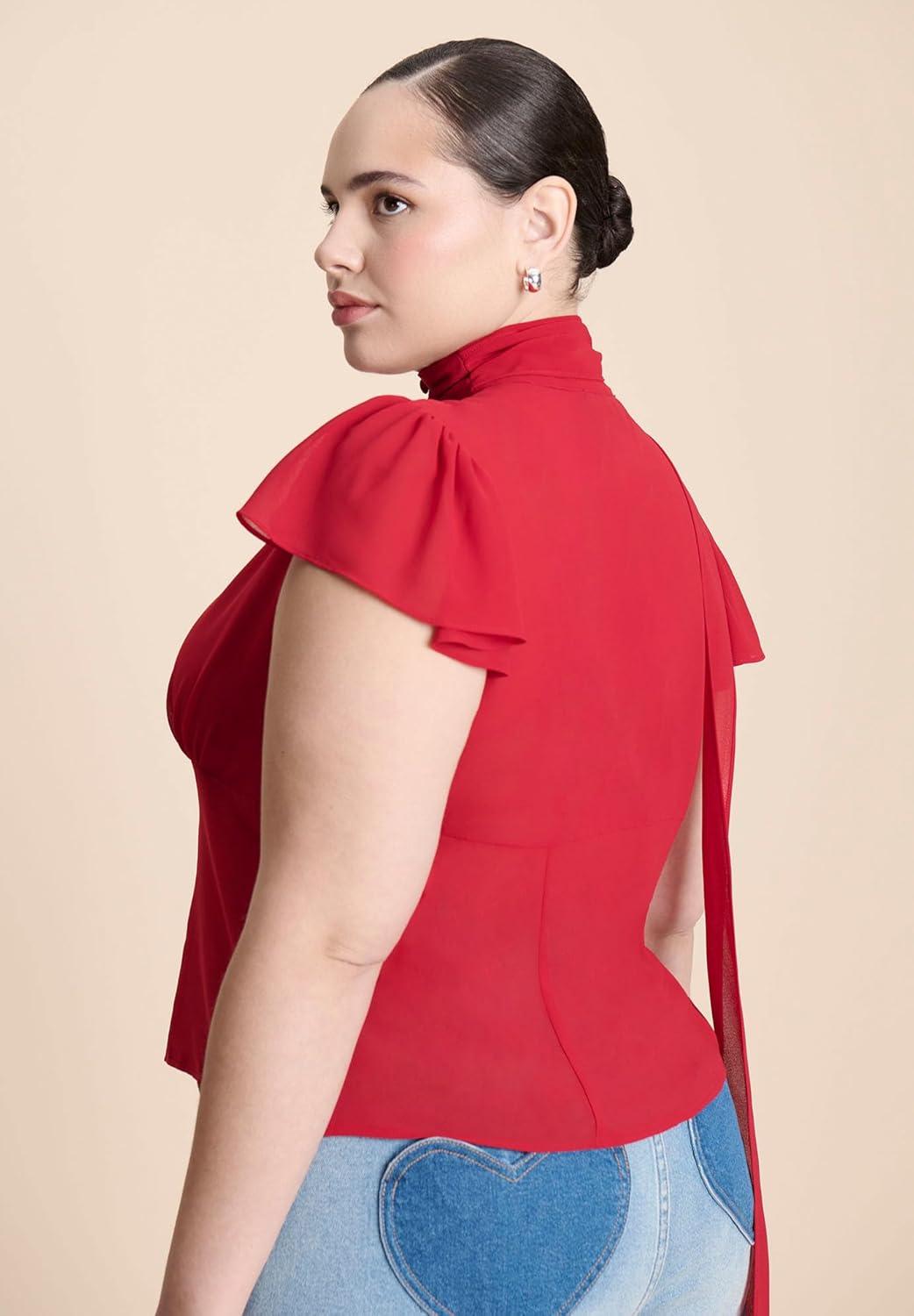 imageELOQUII Womens Plus Size Flutter Sleeve Top with NecktieCrimson