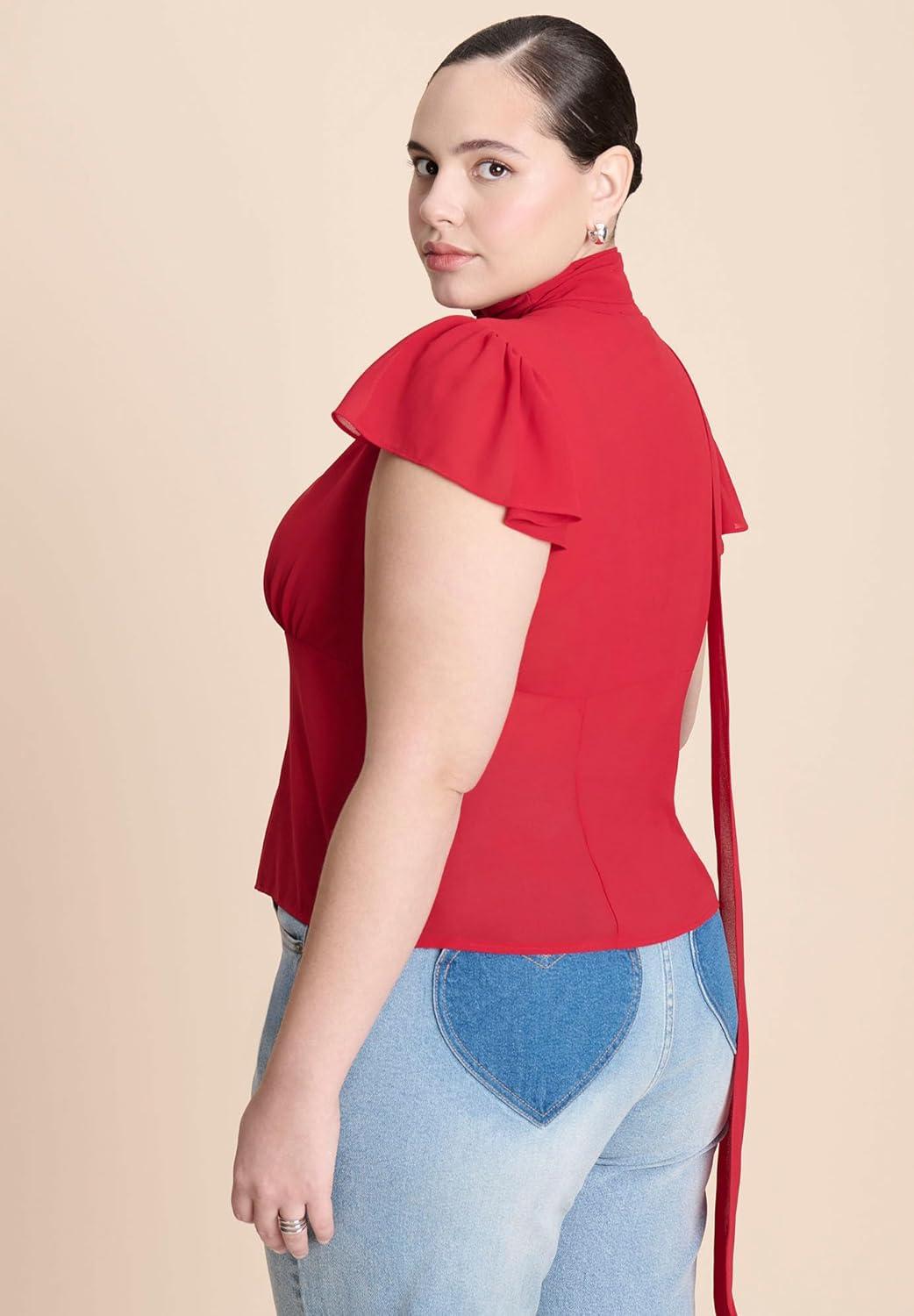 imageELOQUII Womens Plus Size Flutter Sleeve Top with NecktieCrimson
