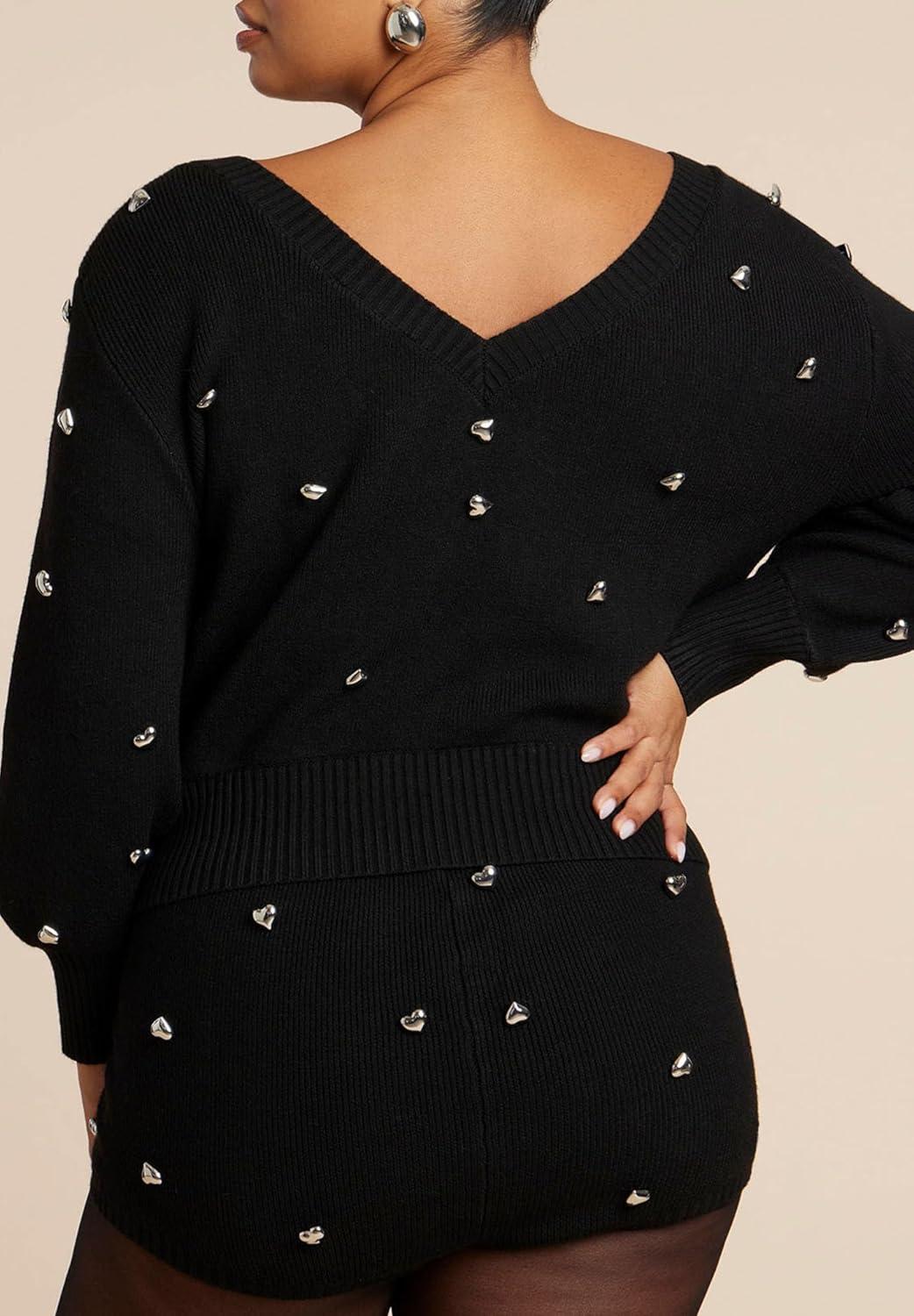imageELOQUII Womens Plus Size Heart Embellished SweaterBlack Onyx