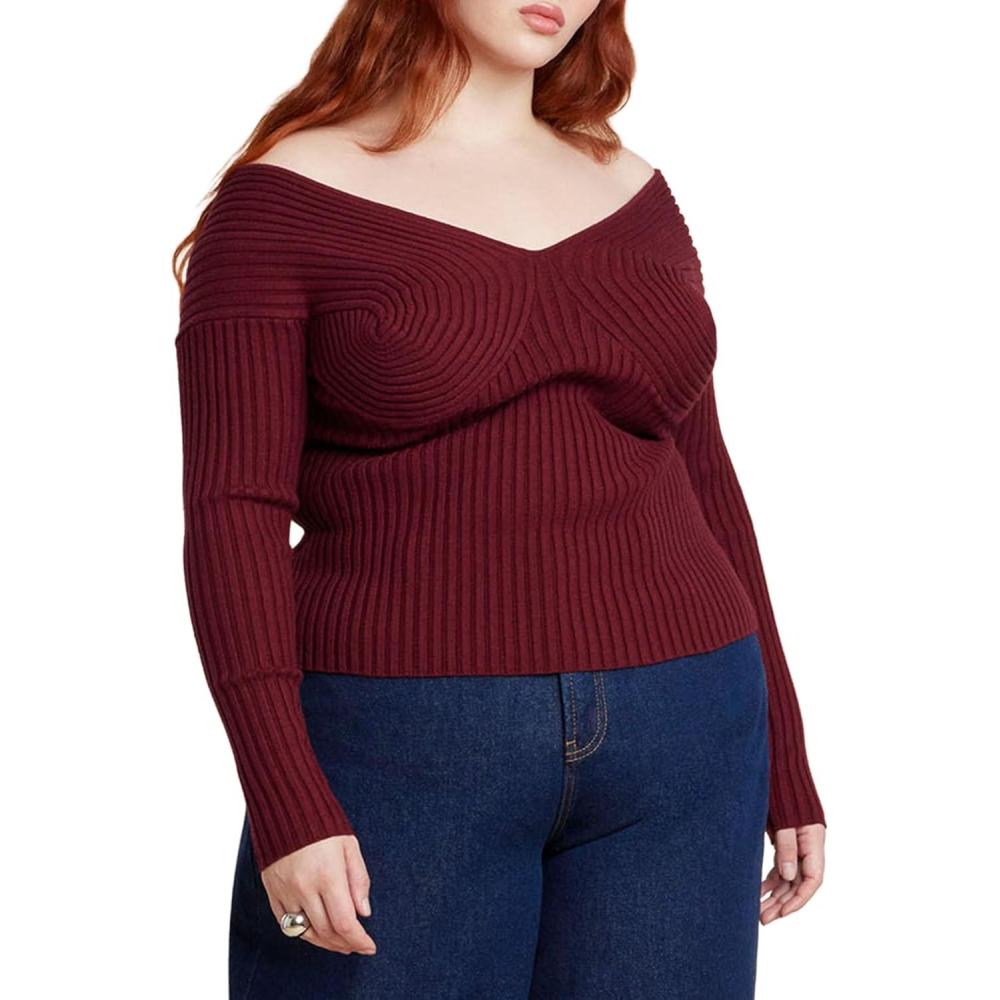 imageELOQUII Womens Plus Size BustStitch Off The Shoulder SweaterTawny Port