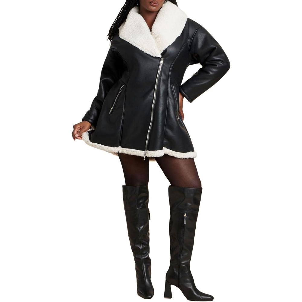 imageELOQUII Womens Plus Size Hourglass Faux Leather Sherpa JacketBlack and White