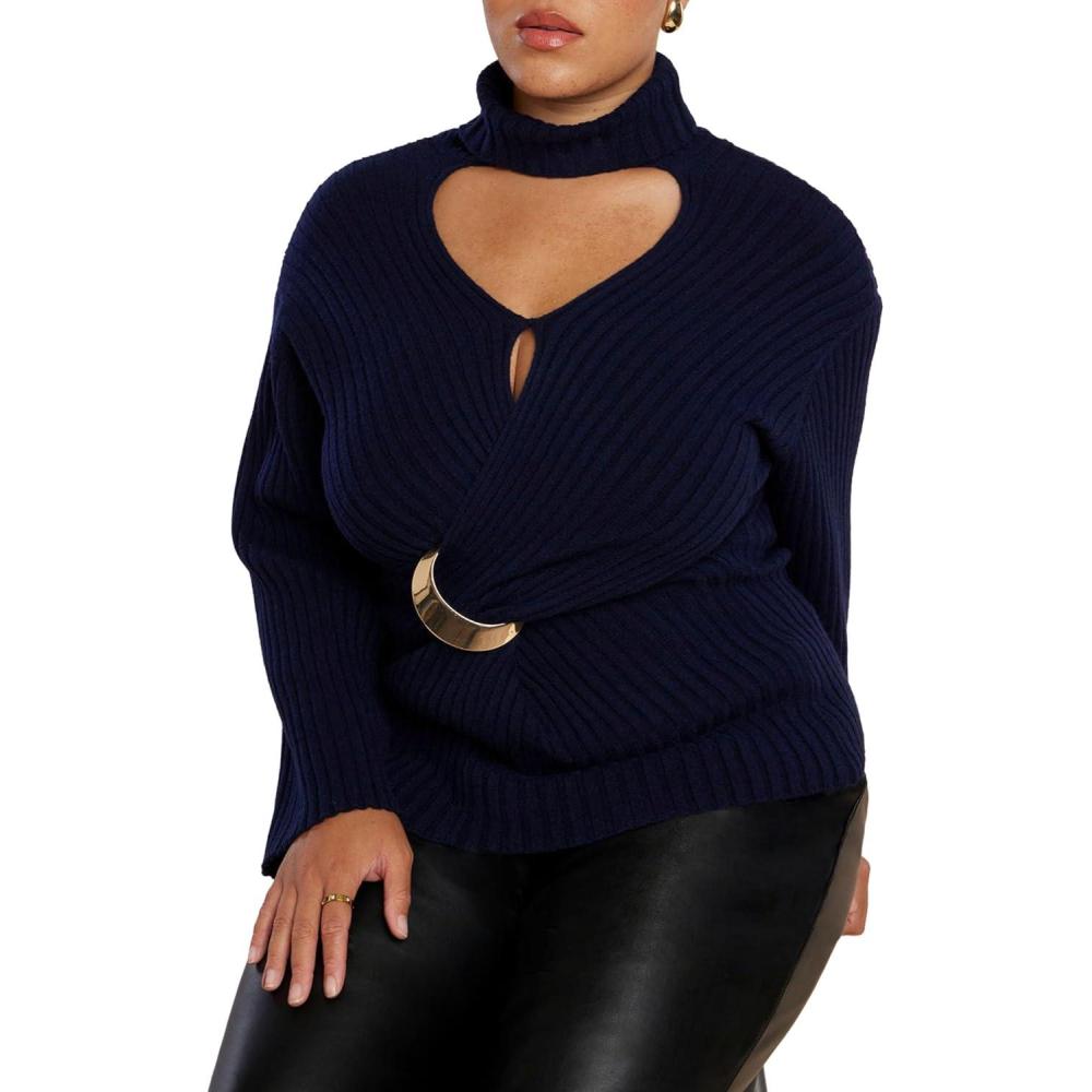 imageELOQUII Womens Plus Size Turtleneck Belted SweaterNavy