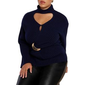 ELOQUII Women’s Plus Size Turtleneck Belted Sweater(Navy)