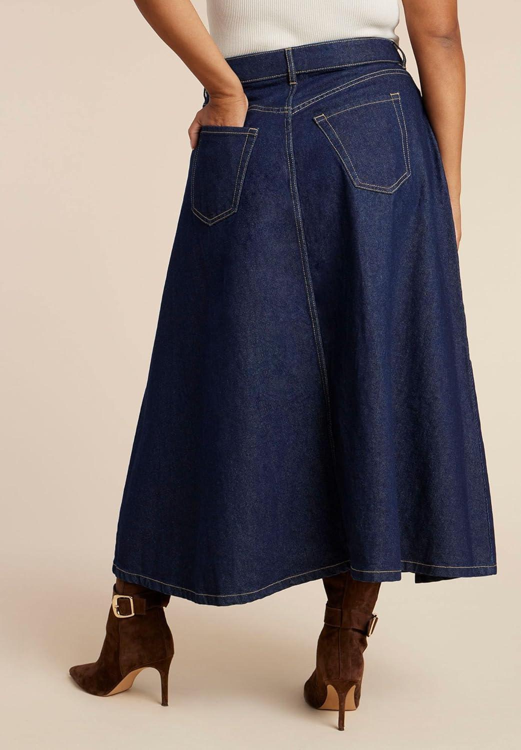 imageELOQUII Womens Plus Size Denim Maxi Skirt with Seam DetailDark Rinse