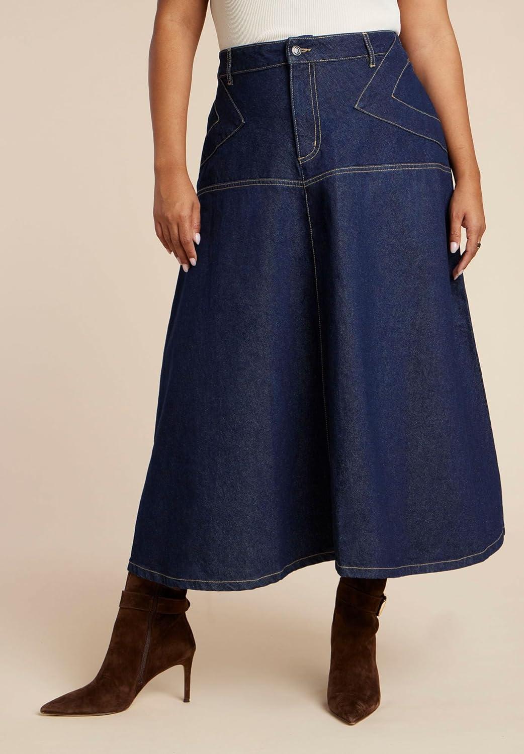 imageELOQUII Womens Plus Size Denim Maxi Skirt with Seam DetailDark Rinse