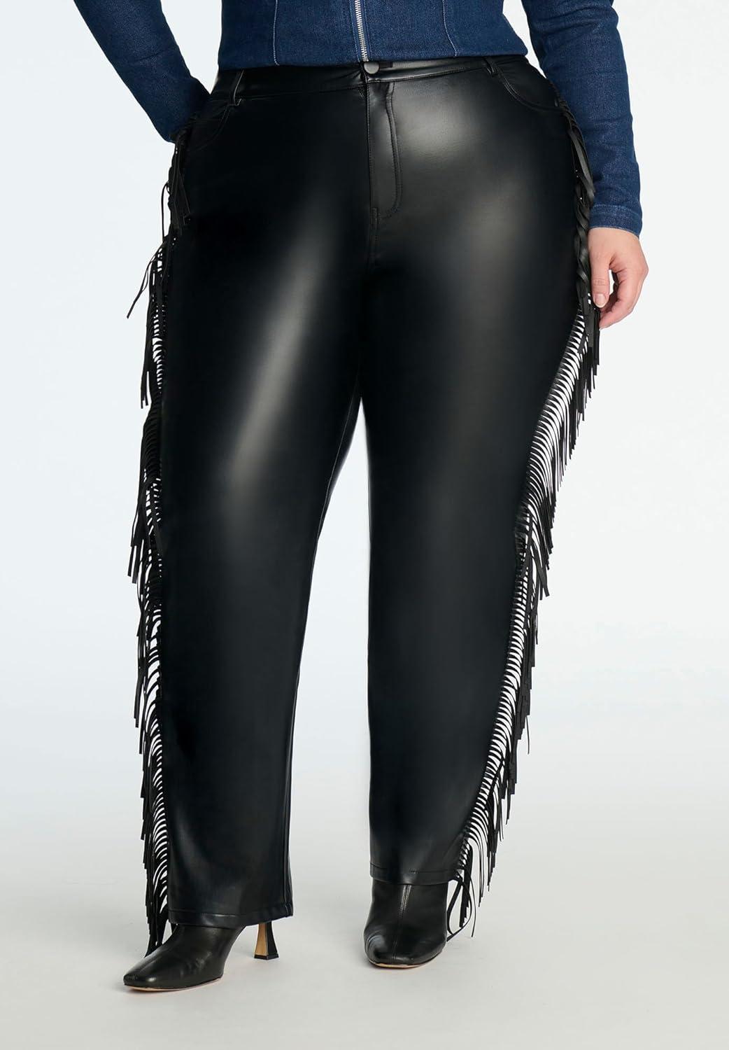 imageELOQUII Womens Plus Size Faux Leather Pant with FringeBlack Onyx