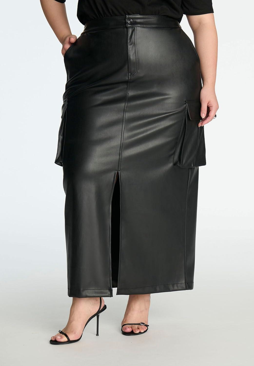 imageELOQUII Womens Plus Size Maxi Cargo Faux Leather SkirtBlack Onyx