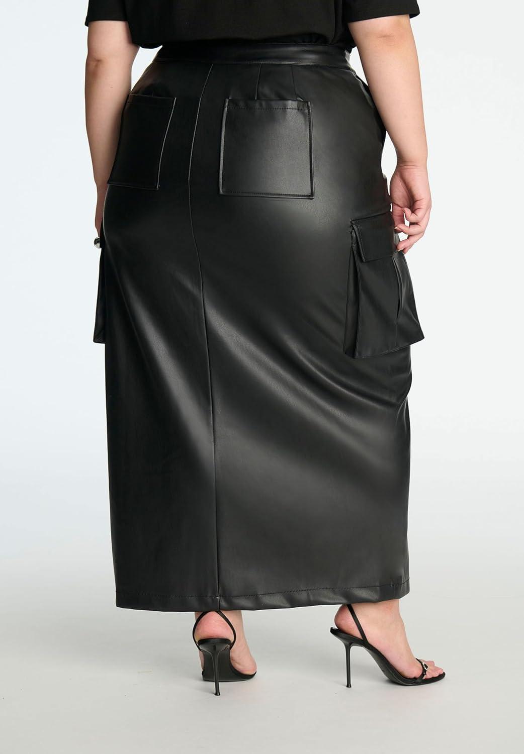 imageELOQUII Womens Plus Size Maxi Cargo Faux Leather SkirtBlack Onyx