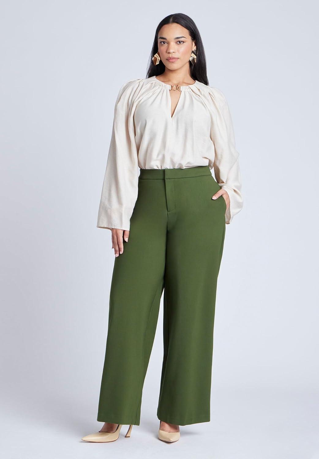 imageELOQUII Womens Plus Size Petite The Ultimate Stretch Wide Leg PantDark Forest Green