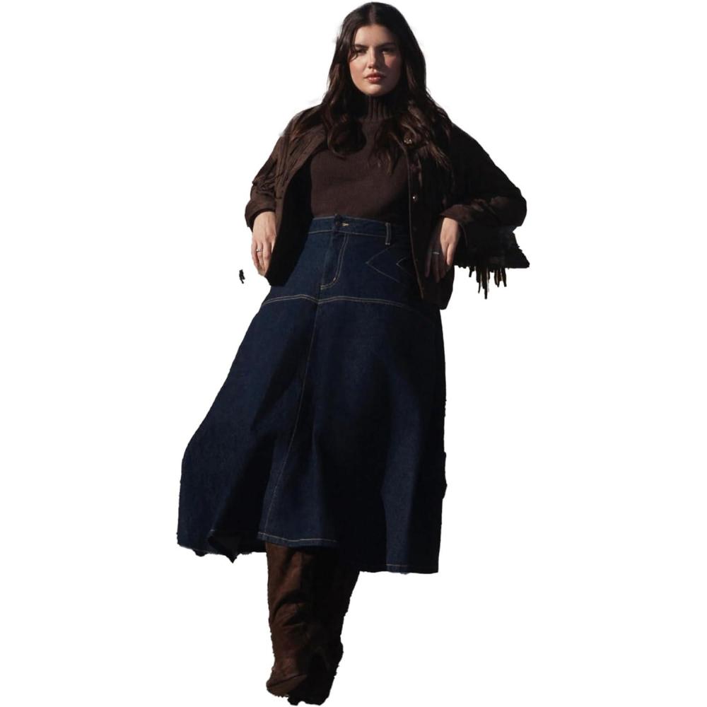 imageELOQUII Womens Plus Size Denim Maxi Skirt with Seam DetailDark Rinse