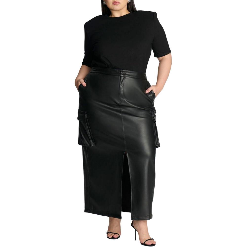 imageELOQUII Womens Plus Size Maxi Cargo Faux Leather SkirtBlack Onyx