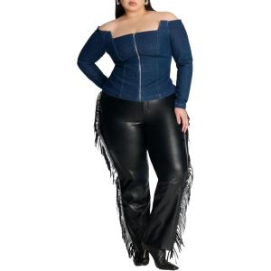 ELOQUII Women’s Plus Size Faux Leather Pant with Fringe(Black Onyx)
