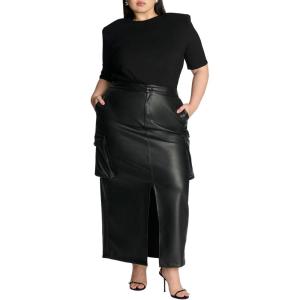 ELOQUII Women’s Plus Size Maxi Cargo Faux Leather Skirt(Black Onyx)