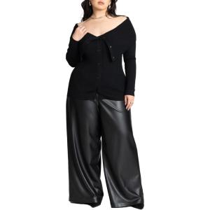 ELOQUII Women’s Plus Size Petite Wide Leg Faux Leather Pant(Black Onyx)