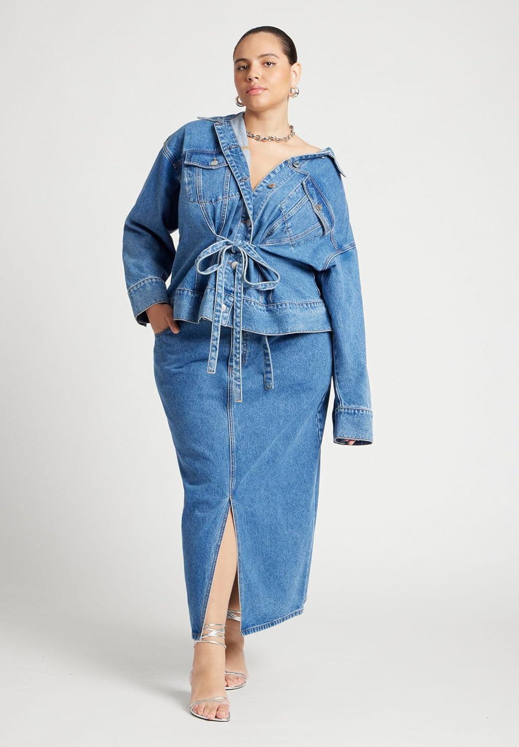 imageELOQUII Womens Plus Size Denim Jacket with Cinched WaistMedium Wash