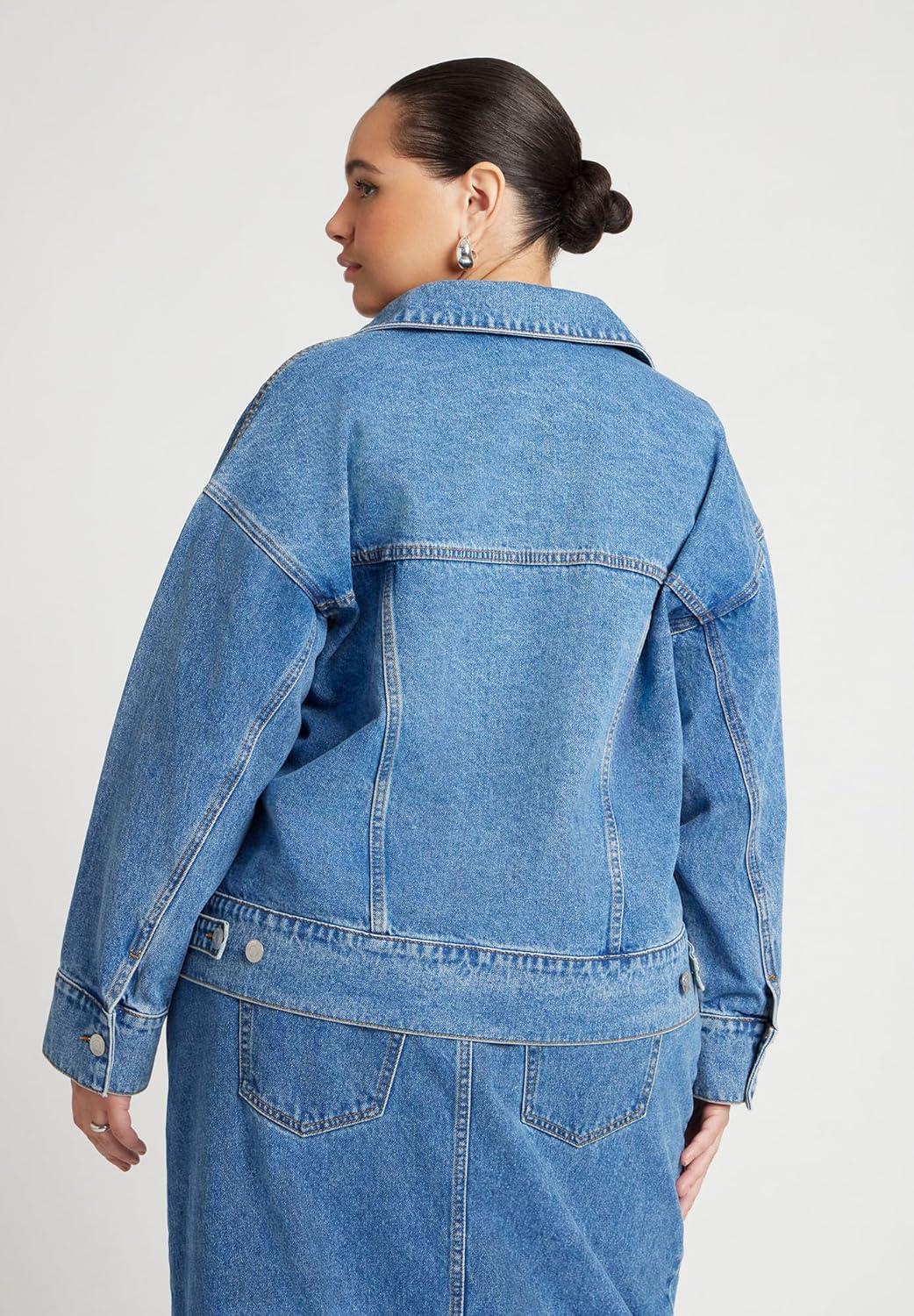 imageELOQUII Womens Plus Size Denim Jacket with Cinched WaistMedium Wash