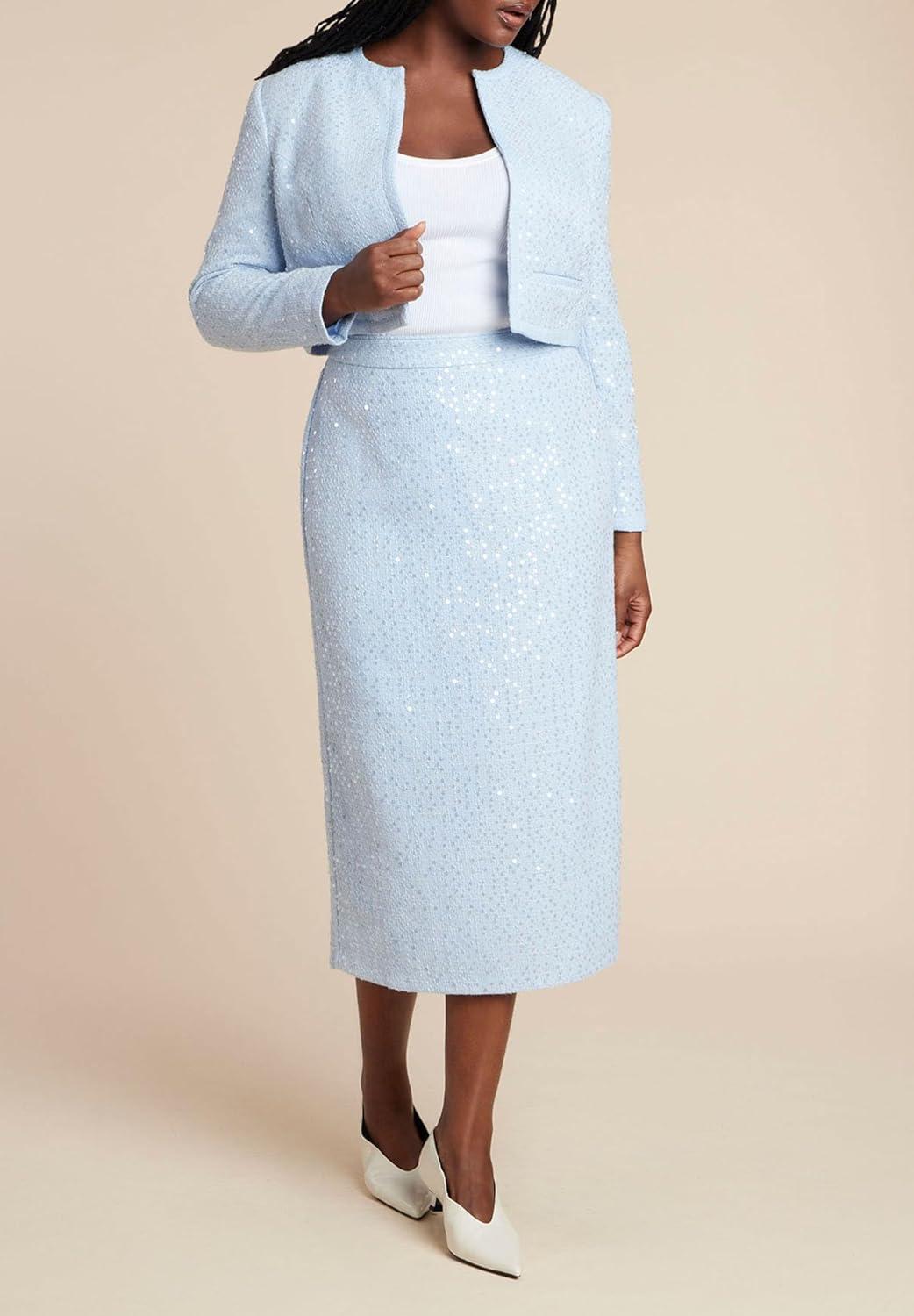 imageELOQUII Womens Plus Size Sequin Tweed JacketLight Blue