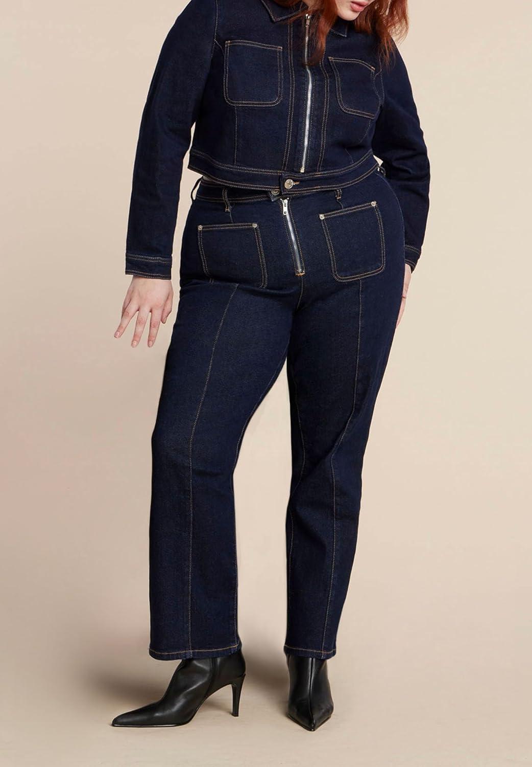 imageELOQUII Womens Plus Size Zip Front Denim JacketTrue Dark Rinse
