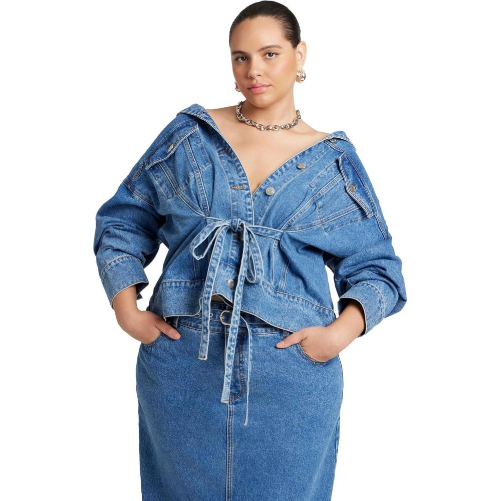 imageELOQUII Womens Plus Size Denim Jacket with Cinched WaistMedium Wash