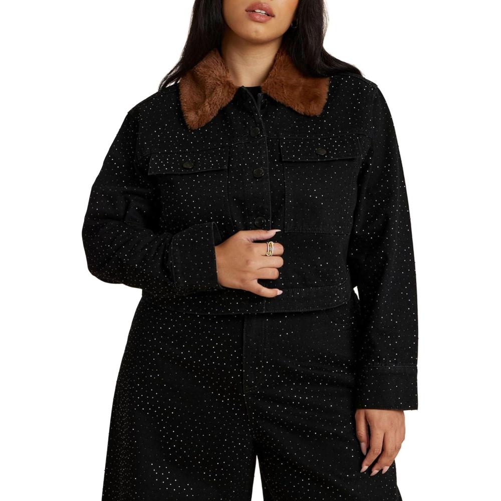 imageELOQUII Womens Plus Size Embellished Denim Jacket With Fur CollarBlack Rinse