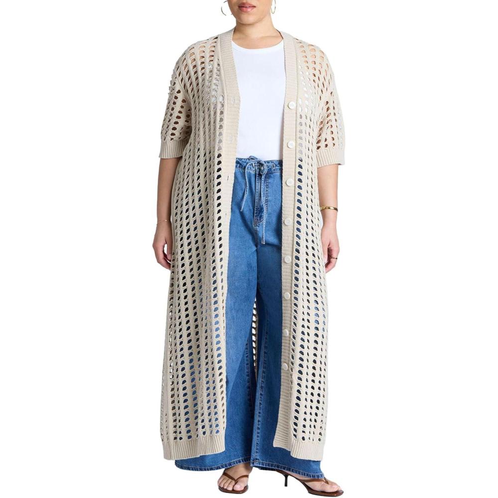 imageELOQUII Womens Plus Size Open Stitch Cardigan DusterOyster Gray