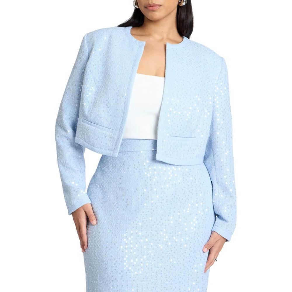 imageELOQUII Womens Plus Size Sequin Tweed JacketLight Blue