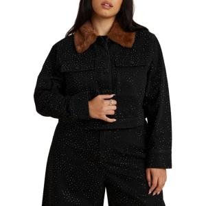 ELOQUII Women’s Plus Size Embellished Denim Jacket With Fur Collar(Black Rinse)