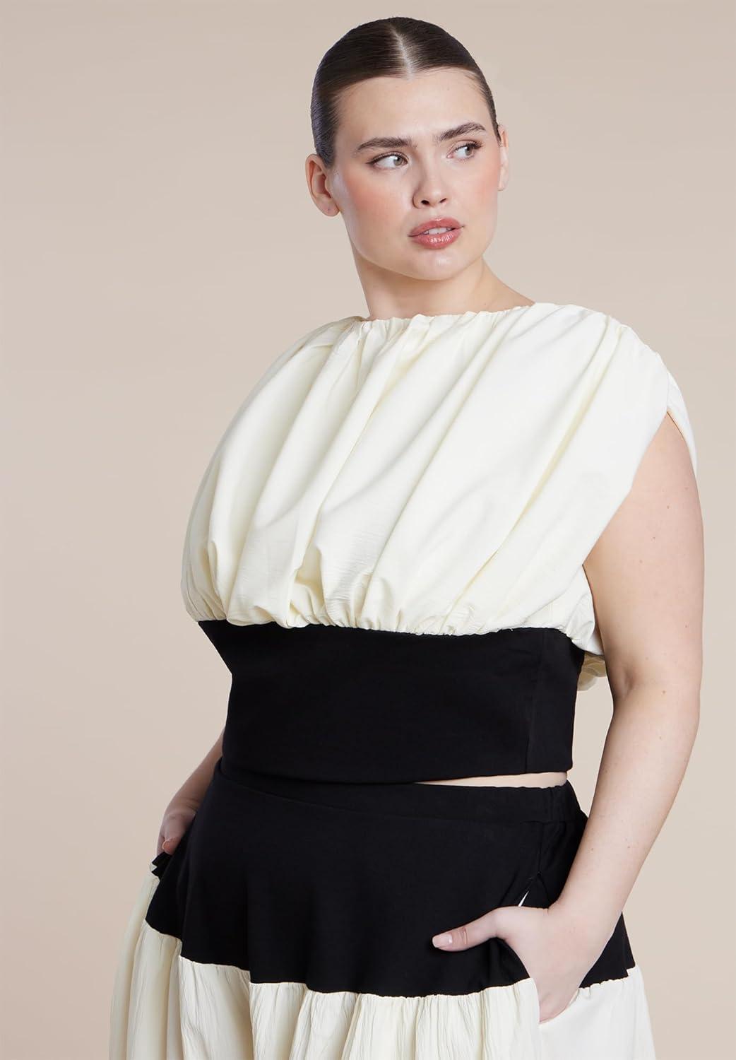 imageELOQUII Womens Plus Size Combo Fabric Draped TopBlack White