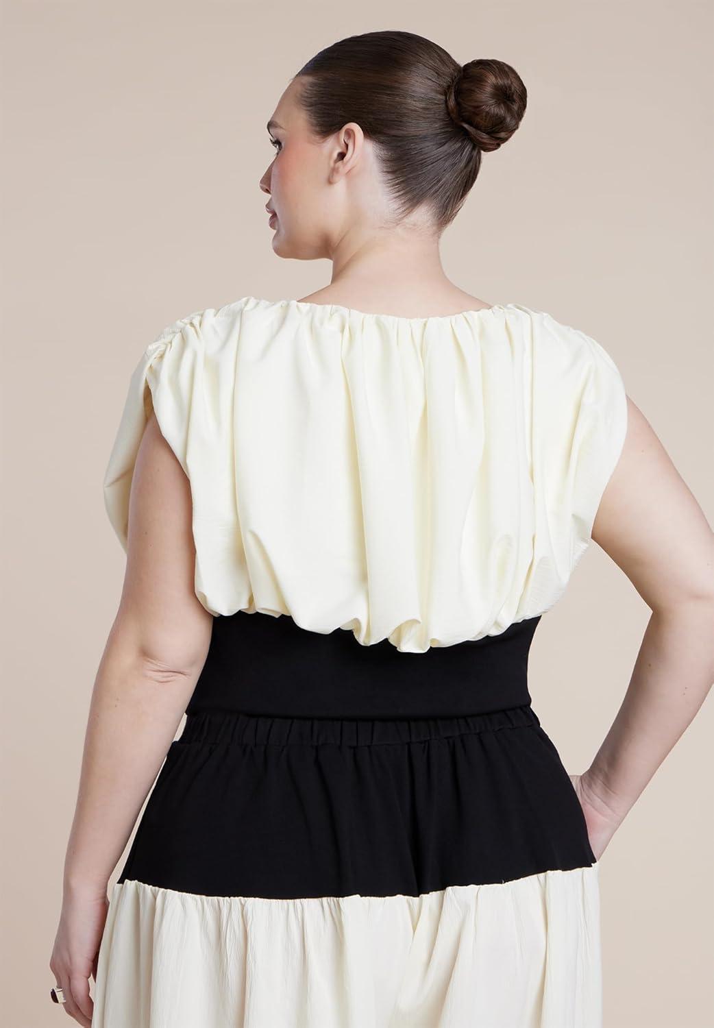 imageELOQUII Womens Plus Size Combo Fabric Draped TopBlack White