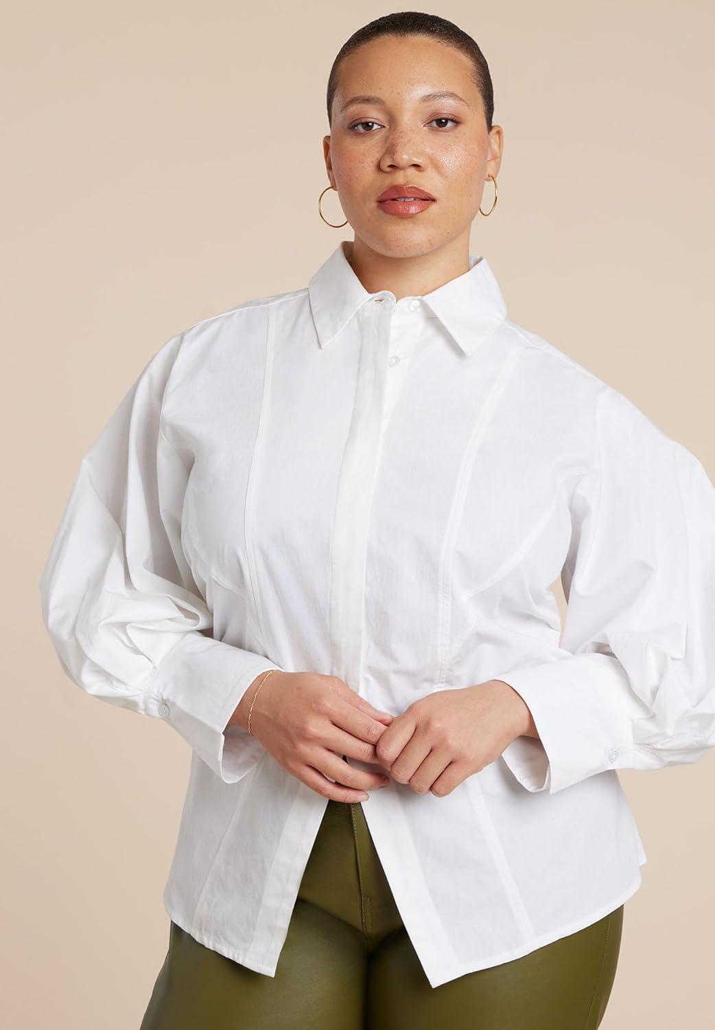 imageELOQUII Womens Plus Size Cut Out Hem Button UpOptic White