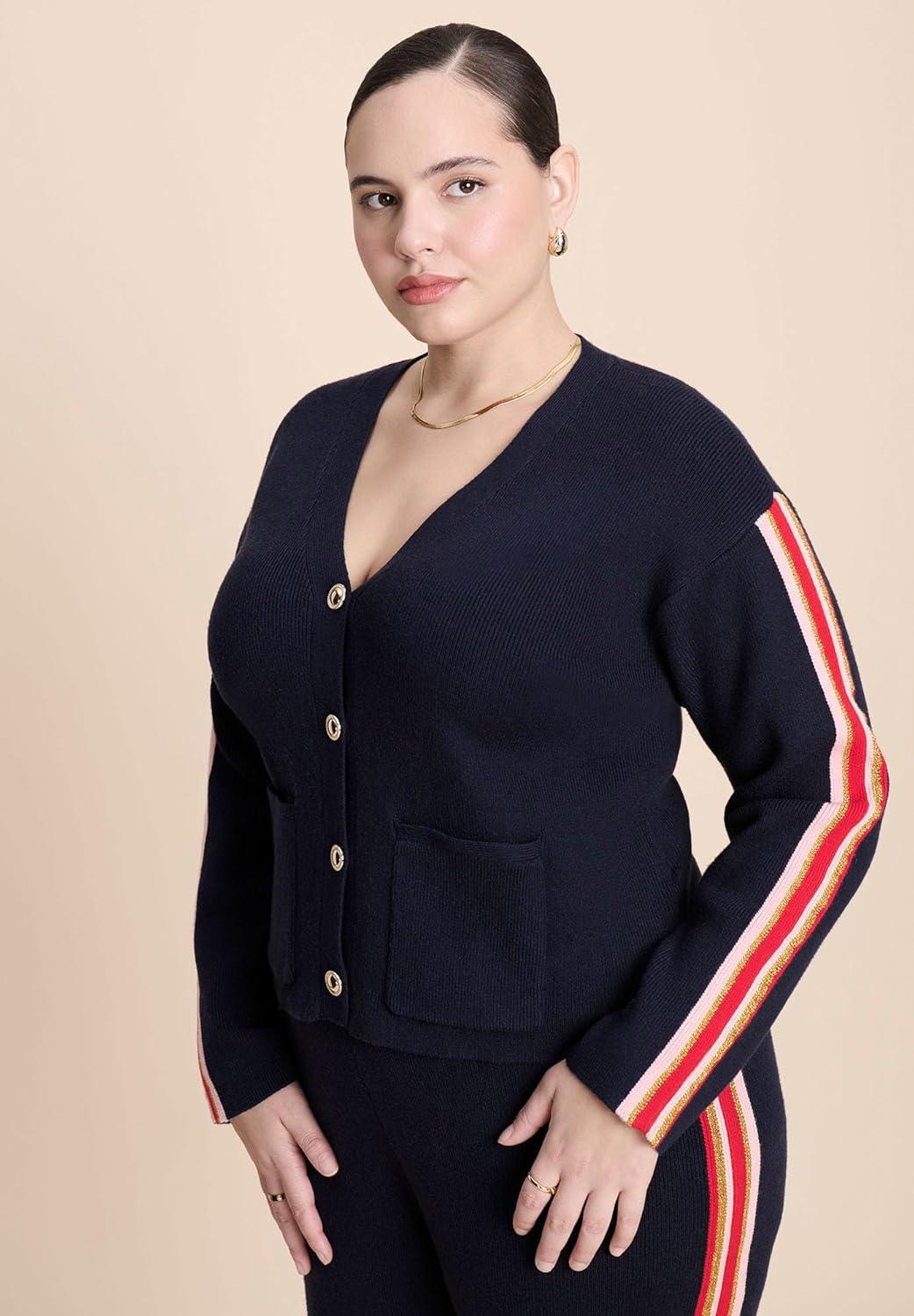 imageELOQUII Womens Plus Size Lurex Stripe CardiganNavy Multi