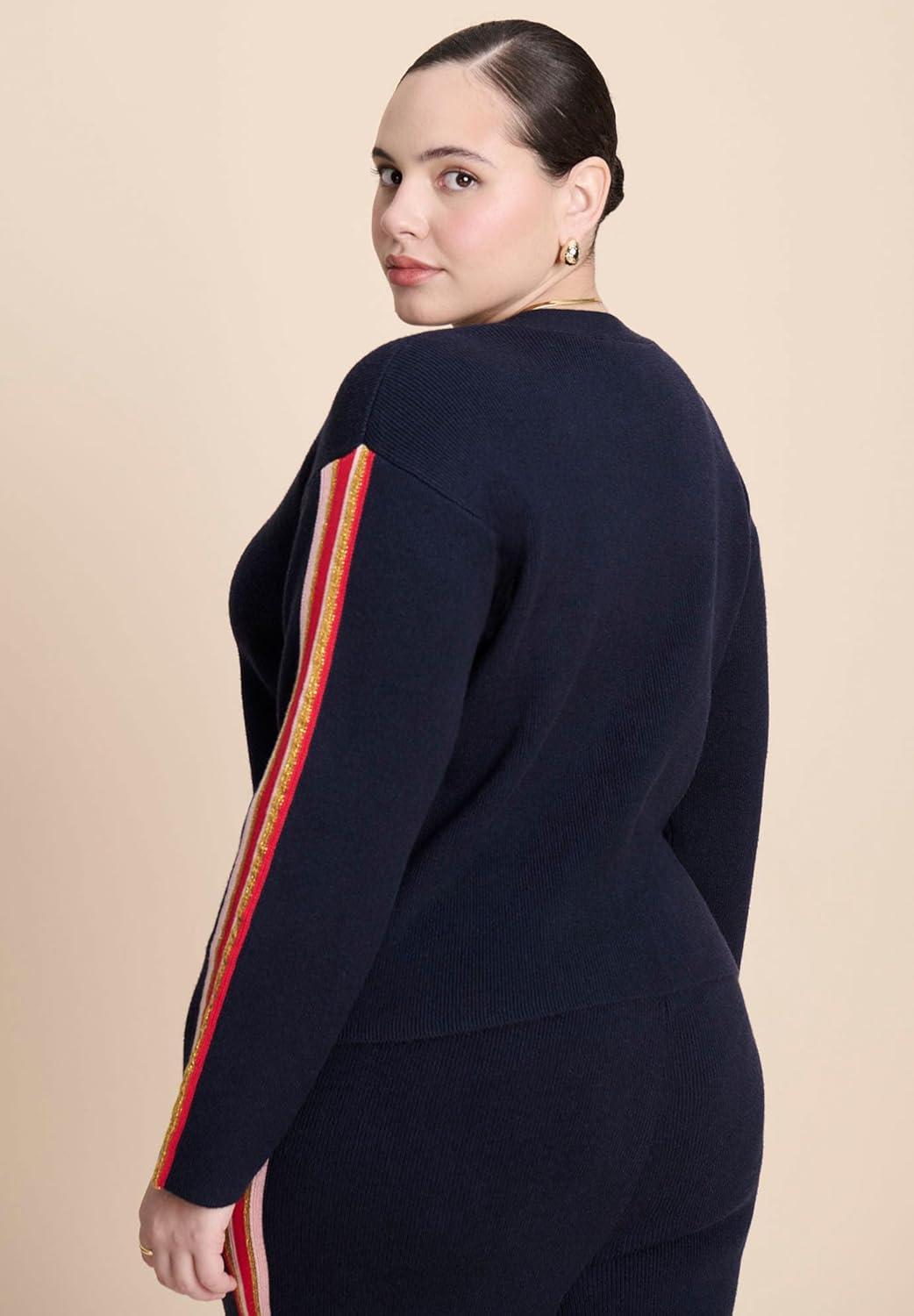 imageELOQUII Womens Plus Size Lurex Stripe CardiganNavy Multi