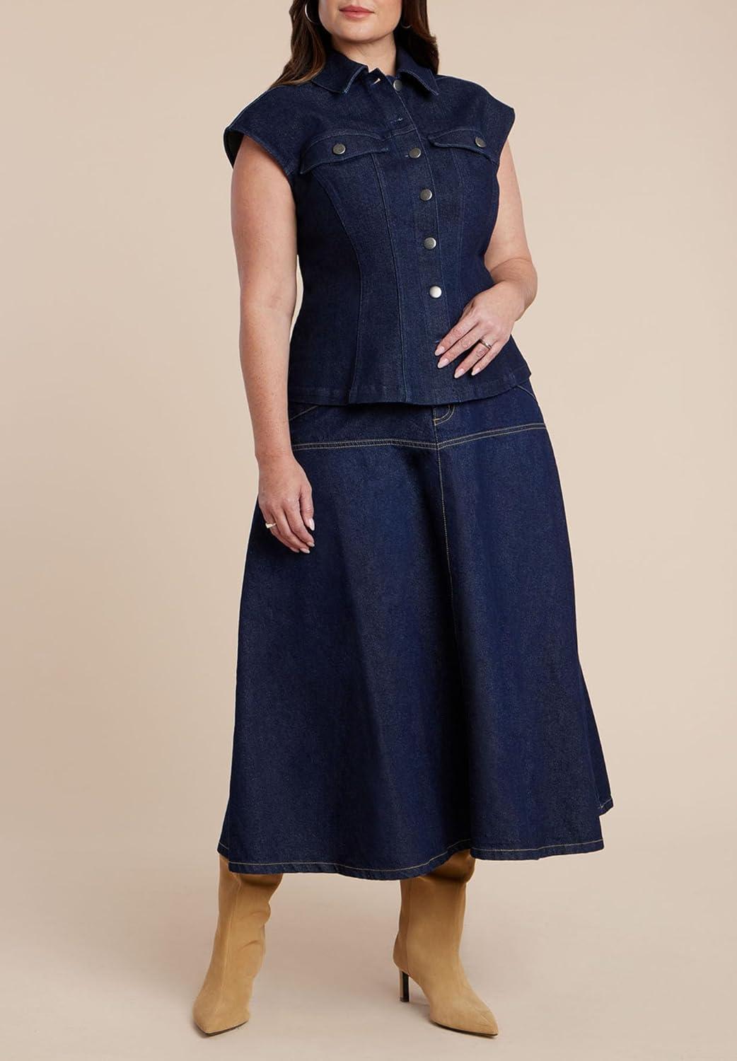 imageELOQUII Womens Plus Size Structured Denim VestDark Wash