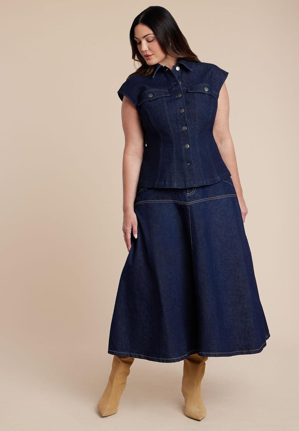 imageELOQUII Womens Plus Size Structured Denim VestDark Wash