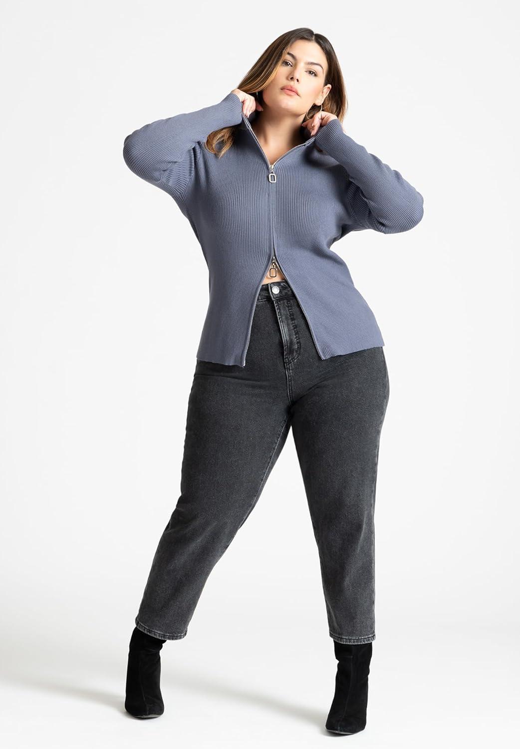 imageELOQUII Womens Plus Size Two Way Zipper SweaterBlack Onyx