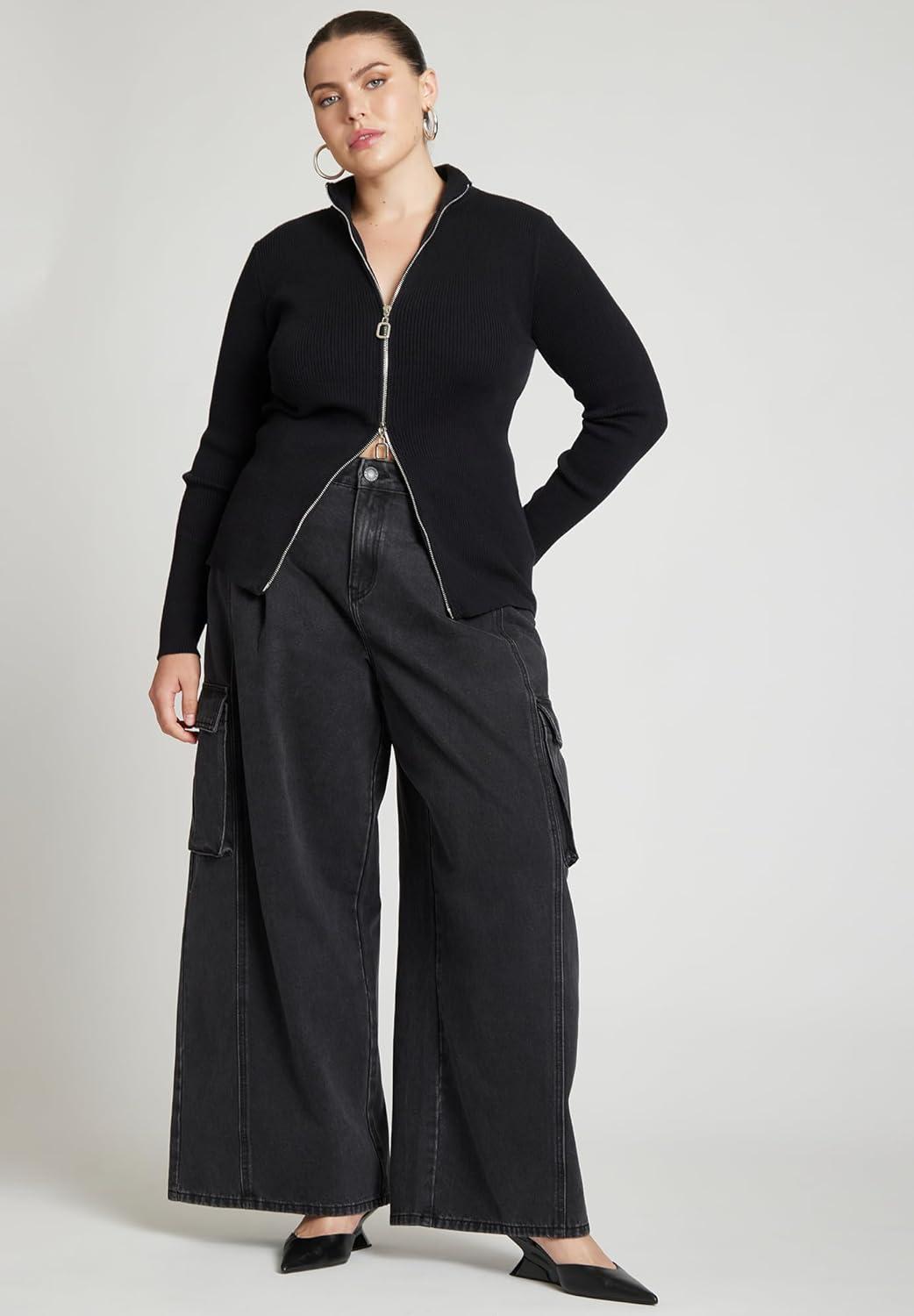 imageELOQUII Womens Plus Size Two Way Zipper SweaterBlack Onyx