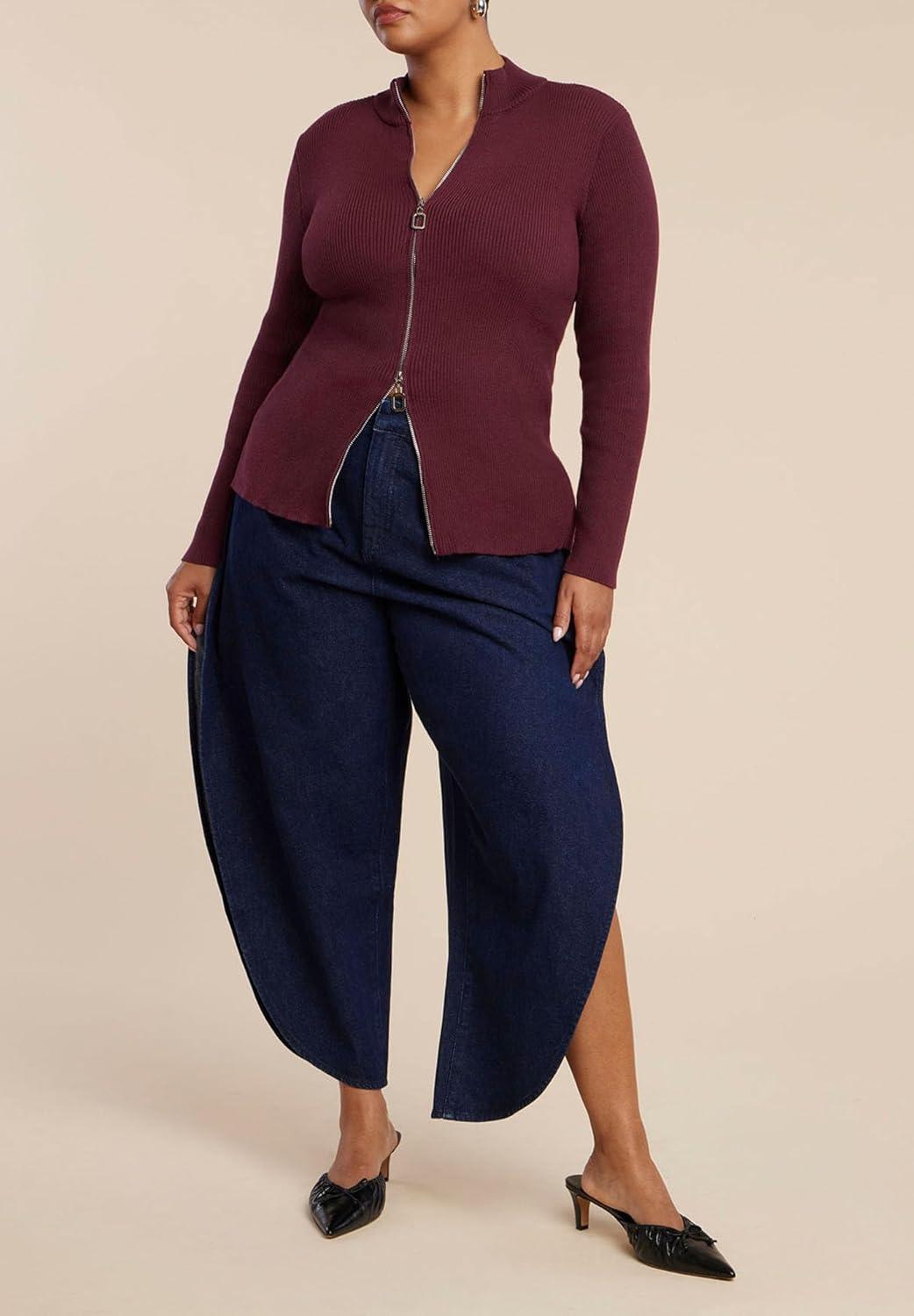 imageELOQUII Womens Plus Size Two Way Zipper SweaterPort Royale
