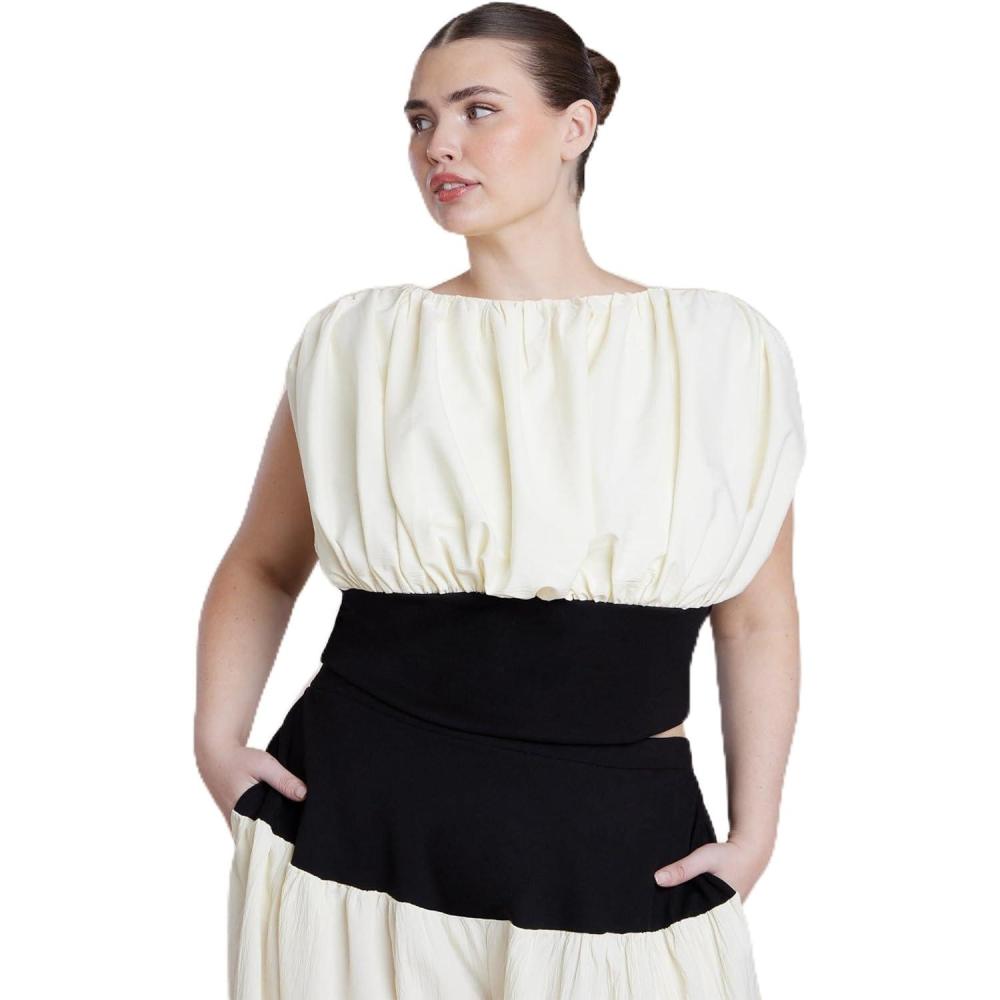 imageELOQUII Womens Plus Size Combo Fabric Draped TopBlack White