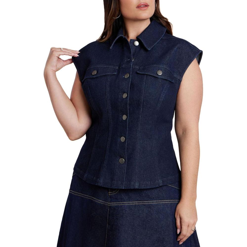 imageELOQUII Womens Plus Size Structured Denim VestDark Wash