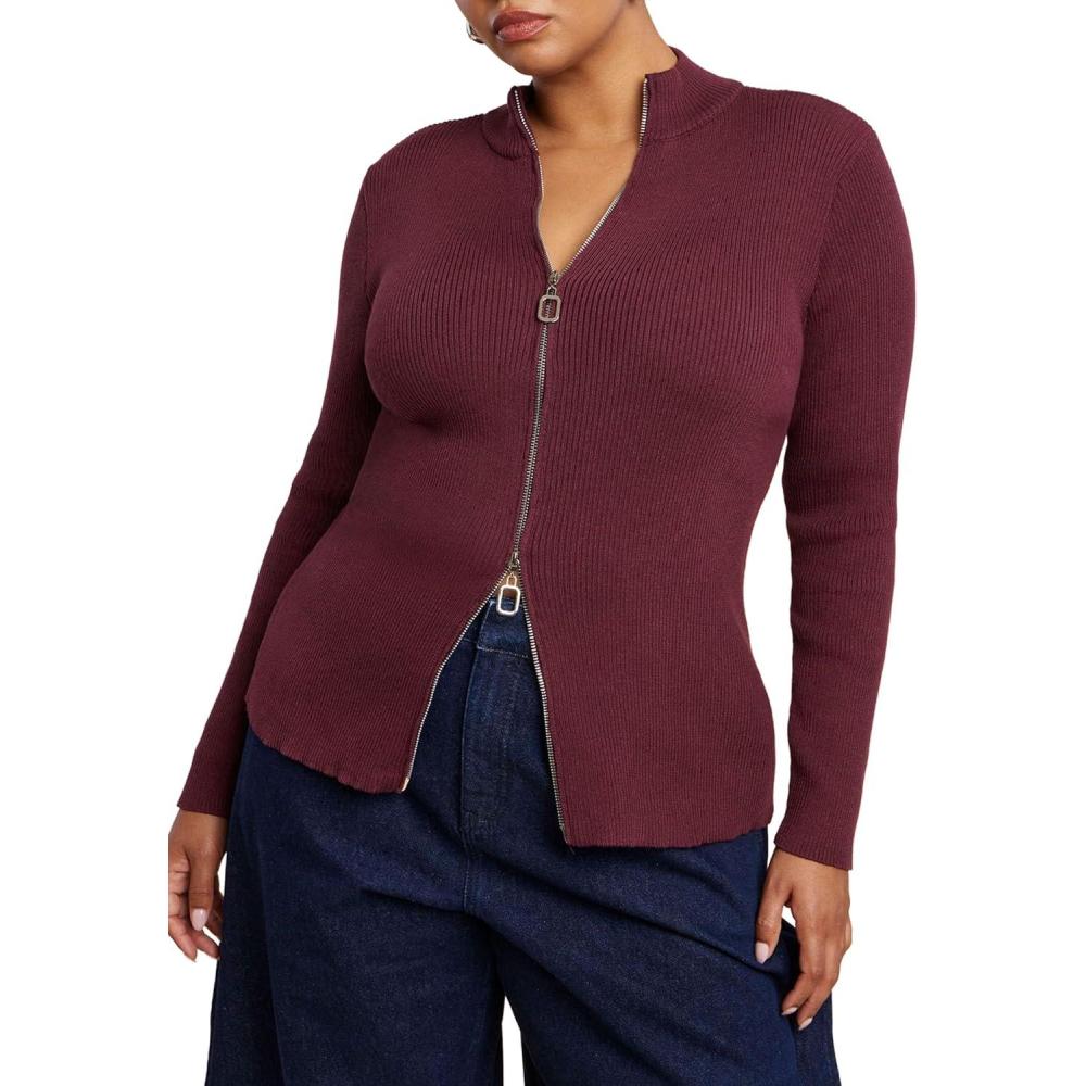 imageELOQUII Womens Plus Size Two Way Zipper SweaterPort Royale