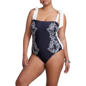 ELOQUII Women’s Plus Size Tie Strap One Piece-Petal Arches(Black White Braided Petals)